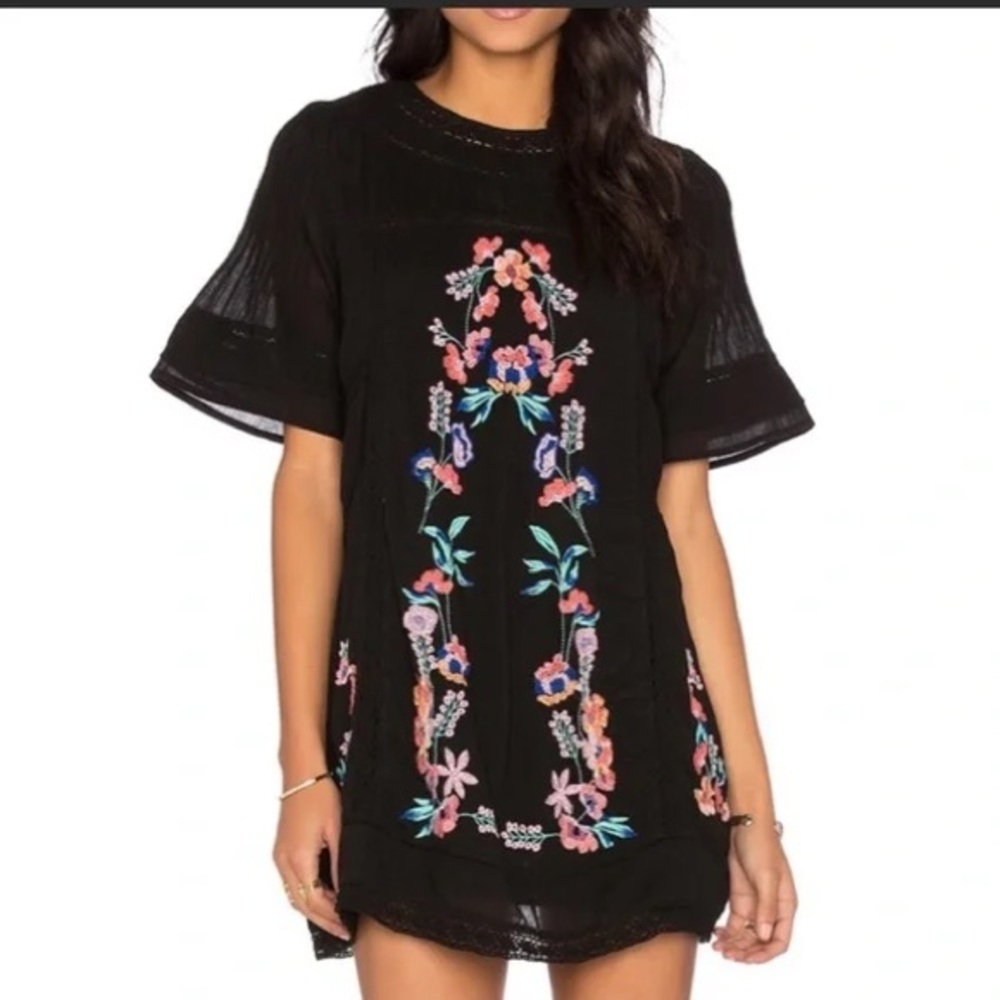 Free People Perfectly Victorian Black Embroidered Dress Short Sleeve - Picture 2 of 14